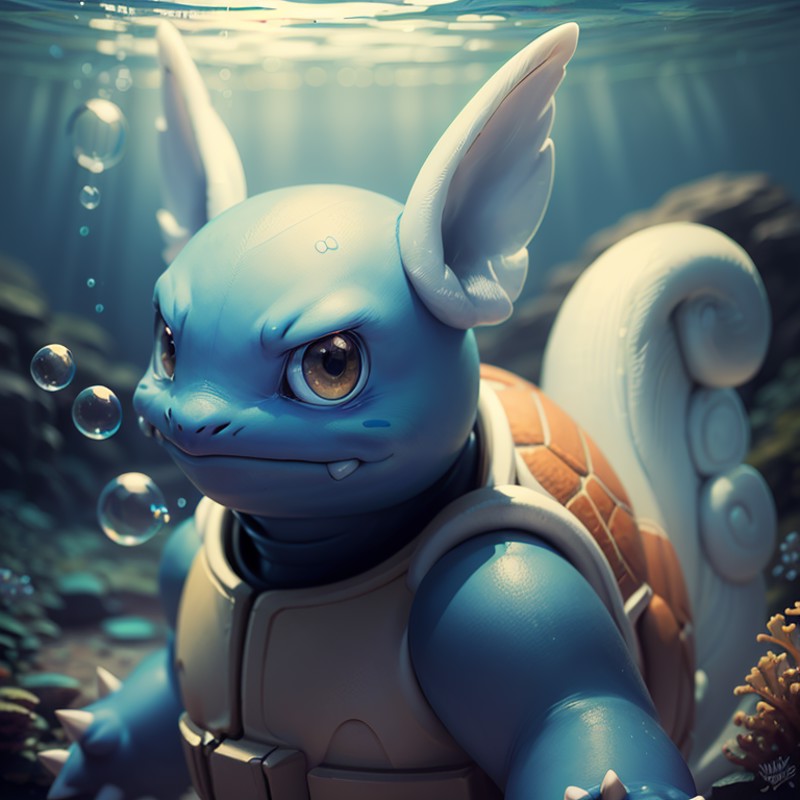 centered, award winning photo, (looking at viewer:1.2), |  Wartortle_Pokemon, |underwater, bubbles, | bokeh, depth of fiel...